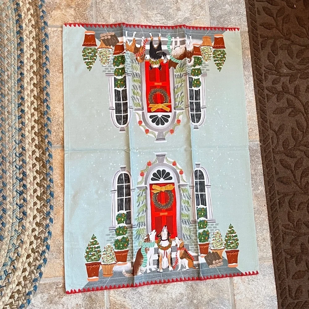 Anthropologie Dog Carolers Dish Towel NEW
